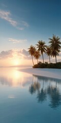 Fototapeta premium Tranquil tropical beach sunrise with palm trees and reflection on calm ocean