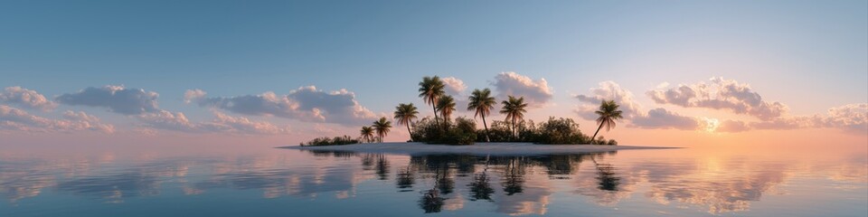 Obraz premium Tranquil sunset over serene tropical island with palm trees and calm ocean