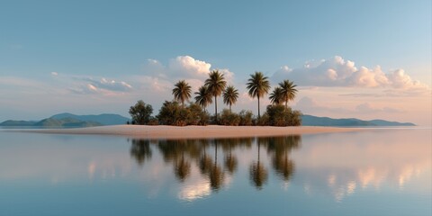 Fototapeta premium Serene tropical island landscape with palm trees and tranquil waters at sunset