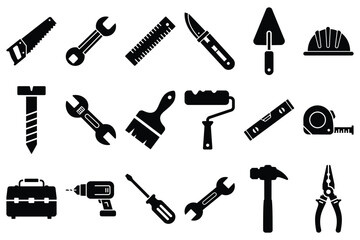 Tools and Construction Minimal Flat Vector Icon Set — Hammer, Wrench, Screwdriver, Drill, and Handyman Equipment Collection