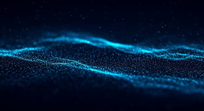Abstract glowing blue particles forming waves on a dark background, representing data flow or digital energy