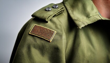 close up of military style jacket with green fabric texture and shoulder patch detail