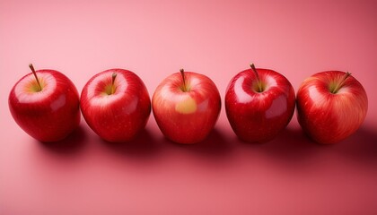 red juicy apples arranged in a straight line on a pink background