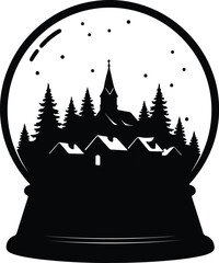 Vector Christmas snow globe winter scene black silhouette illustration