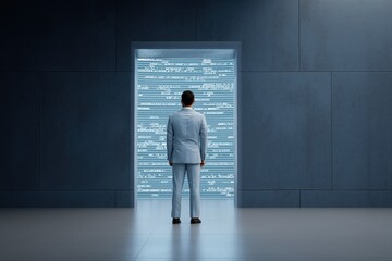 Obraz premium Young caucasian male in futuristic room facing illuminated data panel