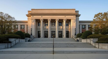 Fototapeta premium A grand, classical-style building with columns and steps, bathed in soft sunlight, showcasing architectural details.
