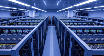 Rows of servers housed in a data center, bathed in cool blue light, showcasing technology.