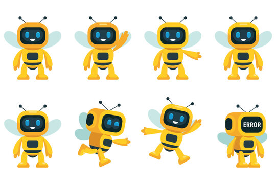 Bee Robot AI Character Vector &ndash; Cute Robot in Multiple PosesBee robot, AI character vector illustration, cute futuristic mascot design in multiple poses, mechanical insect,