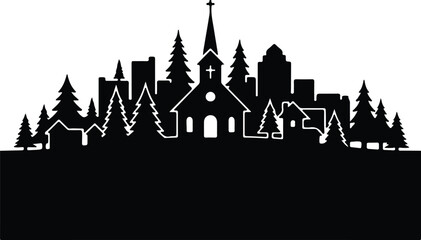 Fototapeta premium Vector Cityscape with church and trees black silhouette illustration