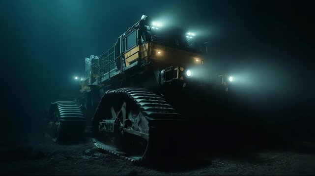Industrial bulldozer with lights in dark environment during night, deep sea mining  