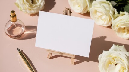 Elegant floral arrangement with blank card desktop setting photography bright soft lighting creative concept