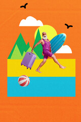 Fototapeta premium Creative artwork template sketch image 3D collage of old man walk hold surfboard baggage summer tourist agency travel beach rest nature