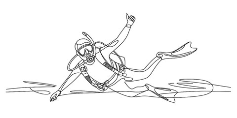 Continuous one line art drawing of a diver mid-action exploring the ocean floor vector