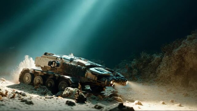 Underwater exploration vehicle navigating ocean floor with lights, deep sea mining  