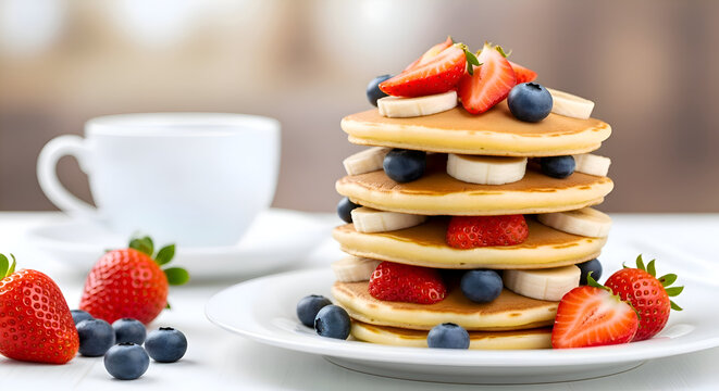 Stack of fluffy pancakes topped with fresh strawberries, blueberries, and banana slices, served with a cup of coffee