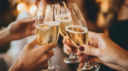 Group of people toasting with champagne glasses in a festive celebration