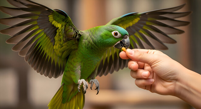 A green parrot with outstretched wings is being fed by a human hand, capturing a moment of trust and connection between animal and person