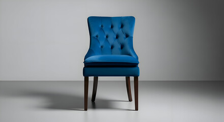 A luxurious deep blue velvet tufted dining chair with dark wooden legs, studio shot