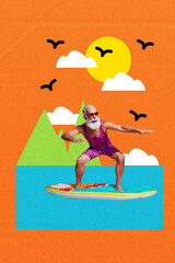Template sketch image composite artwork collage of trip rest sea outdoors vacation old man style swimwear stand balance surfboard sportive