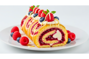 A beautifully presented slice of a rolled cake, showcasing vibrant layers of sponge and filling. 