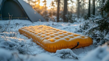 Orange inflatable sleeping pad in snowy campsite at sunset.