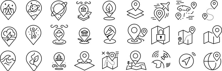 Location and Navigation Line Icons Collection. Containing GPS, Map Pin, Route, Destination and Travel Outline Icons.