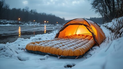 Illuminated tent and sleeping pad in snowy winter campsite by river.