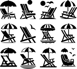 Vector art of collection of beach chair and umbrella icons