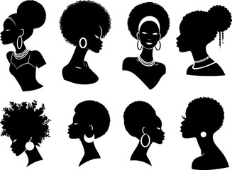Vector art of collection of black silhouette profiles of women with afro hairstyles