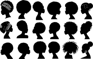 Vector art of collection of diverse black women and girl hairstyles