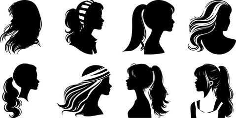 Vector art of set of black silhouette profiles of women with various hairstyles