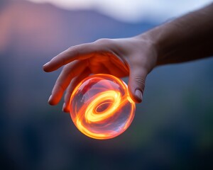 Hand holding a glowing orb with fiery swirls, representing magic, power, and energy in a mystical setting
