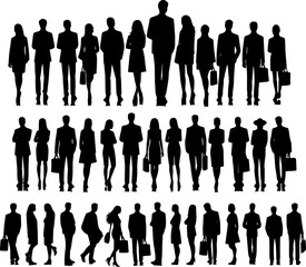 Vector art of silhouette of a group of business people standing in rows