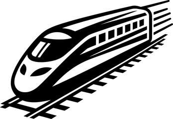 Vector art of black and white graphic of a modern bullet train speeding along railway tracks