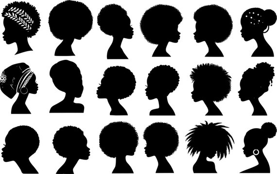 Vector art of collection of diverse black women and girl hairstyles