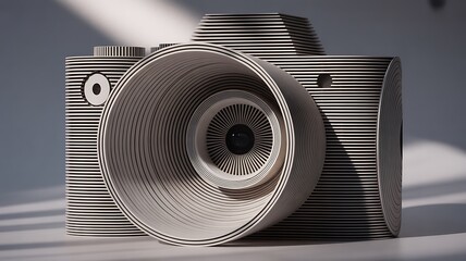 Optical illusion camera made of black and white stripes, creative photography concept