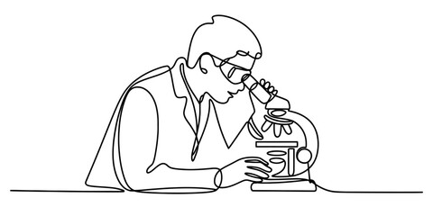 A continuous line art drawing of a scientist observing through a microscope in a laboratory setting vector