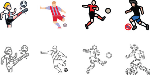 Dynamic Football (Soccer) Player Icon Set in Multiple Styles (Flat, Outline, and Stylized)