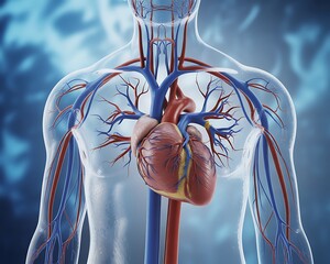 Anatomical illustration of the human heart and circulatory system with arteries and veins