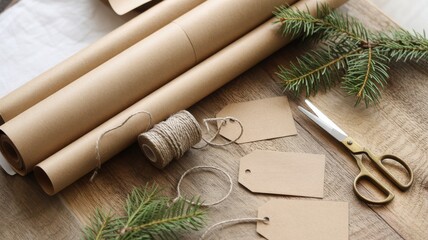 Holiday gift wrapping essentials home workspace visual content cozy environment overhead view diy concept