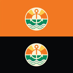 Anchor and sun logo design in a circle, a nautical themed logo with a retro and vintage style, perfect for a travel agency, a maritime business, or a coastal resort