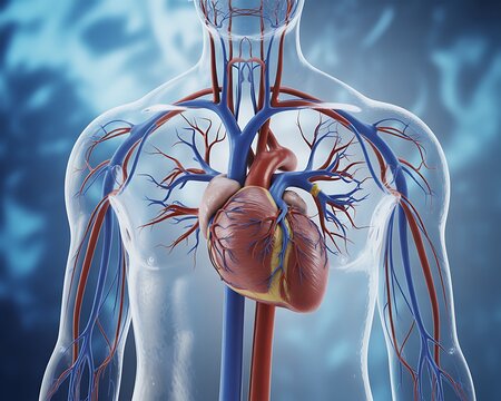 Anatomical illustration of the human heart and circulatory system with arteries and veins
