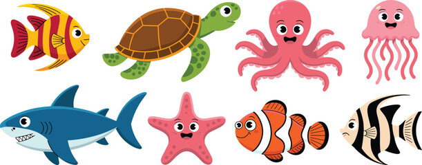 Cute sea animals cartoon set, colorful marine life illustration, fish turtle octopus jellyfish shark starfish, underwater ocean vector art