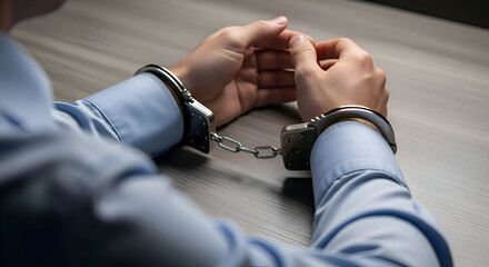 Closeup of a persons hands handcuffed together, sitting at a table, symbolizing arrest and crime