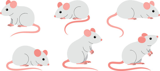 Cute white mouse cartoon set, small pet animal vector illustration, adorable mice collection for kids design, isolated flat drawing style