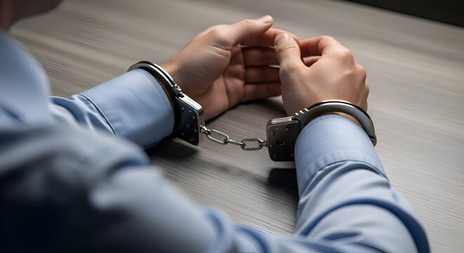 Closeup of a persons hands handcuffed together, sitting at a table, symbolizing arrest and crime - Powered by Adobe