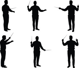 Conductor silhouette with baton, orchestra leader, music director, symphony performance, maestro conducting gestures, classical music art, vector illustration, stock design © Mst