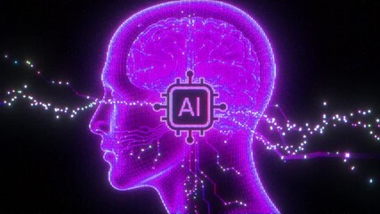 4K Glowing neon outline of human head with AI chip and neural connections, concept of artificial intelligence, machine learning, brain technology, innovation, science, digital data, futuristic - Powered by Adobe