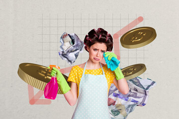 Full image artwork 3d photo collage of upset housemaid girl hold spray duster coin inflation...