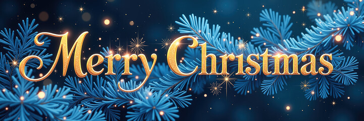 Golden Merry Christmas text amidst blue pine branches, stars, and sparkles on a dark blue background.